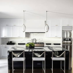 A modern kitchen with glossy white cabinets, black marble countertops, top-of-the-line stainless steel appliances, and a large central island, all under bright white recessed lighting.