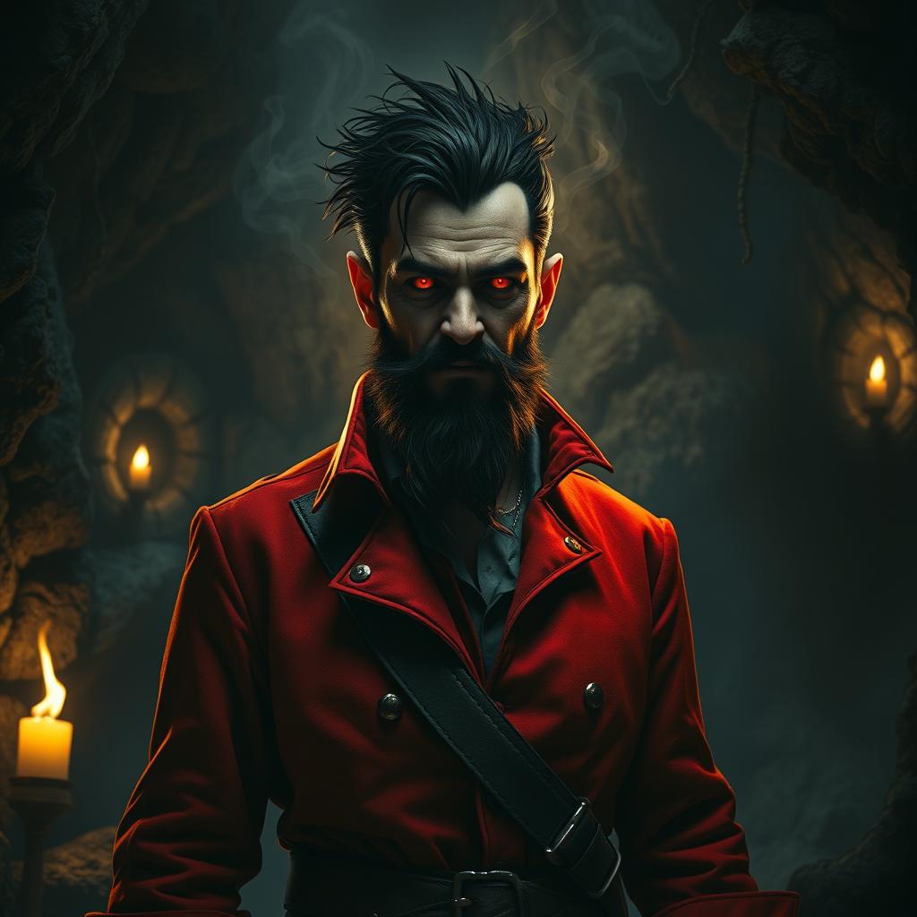 An evil male pirate with short black hair and a pointy beard, wearing a distinctive red jacket, stands sternly without a smile as he undergoes a sinister transformation, becoming corrupted