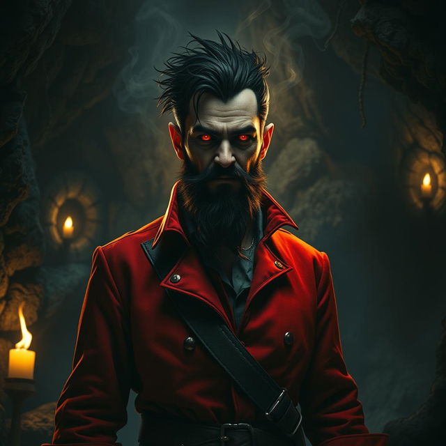 An evil male pirate with short black hair and a pointy beard, wearing a distinctive red jacket, stands sternly without a smile as he undergoes a sinister transformation, becoming corrupted