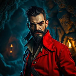 An evil male pirate with short black hair and a pointy beard, wearing a distinctive red jacket, stands sternly without a smile as he undergoes a sinister transformation, becoming corrupted