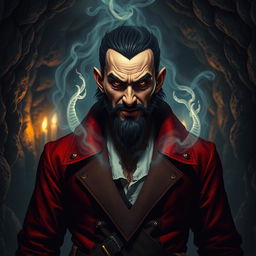 An evil male pirate with short black hair and a pointy beard, wearing a distinctive red jacket, stands sternly without a smile as he undergoes a sinister transformation, becoming corrupted