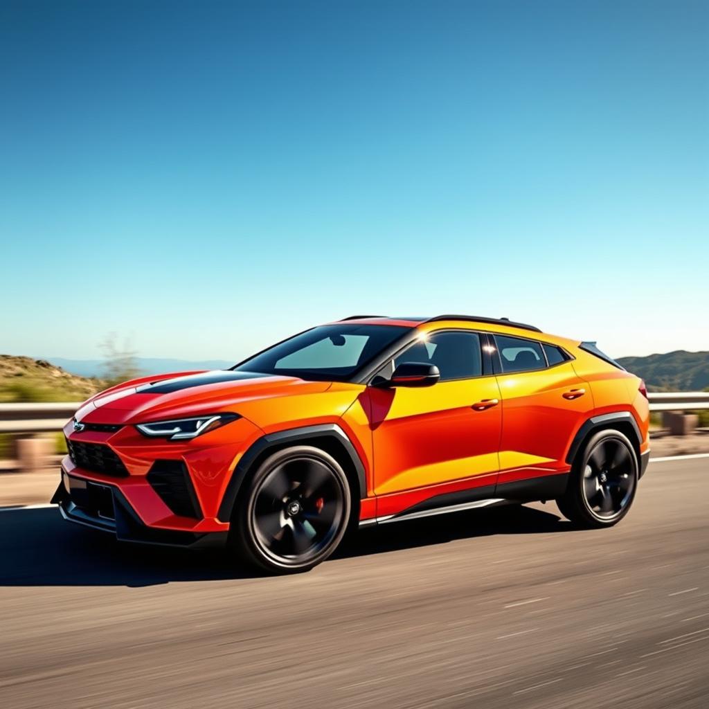 An innovative amalgamation of a Corvette C8 and Lamborghini Urus, reborn as a 4-door CUV adorned with a Chevrolet badge, smoothly driving along a scenic route beneath a stunning blue sky