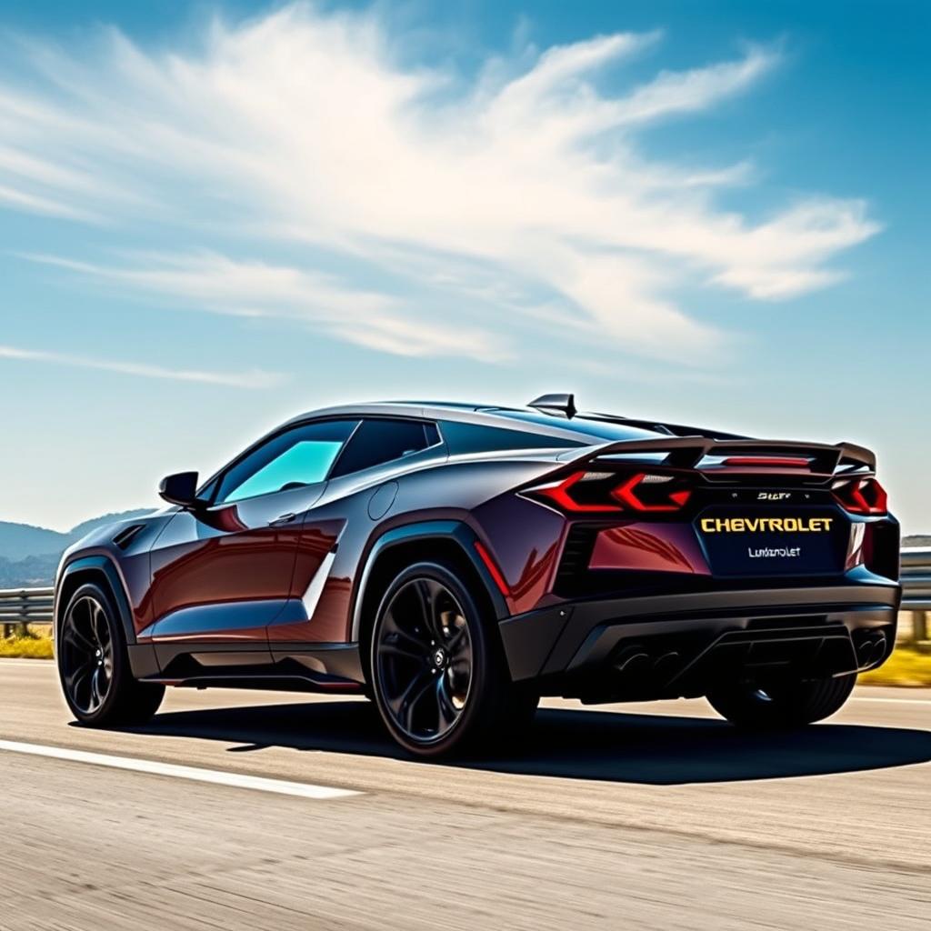 An innovative amalgamation of a Corvette C8 and Lamborghini Urus, reborn as a 4-door CUV adorned with a Chevrolet badge, smoothly driving along a scenic route beneath a stunning blue sky