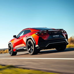 An innovative amalgamation of a Corvette C8 and Lamborghini Urus, reborn as a 4-door CUV adorned with a Chevrolet badge, smoothly driving along a scenic route beneath a stunning blue sky