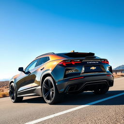 An innovative amalgamation of a Corvette C8 and Lamborghini Urus, reborn as a 4-door CUV adorned with a Chevrolet badge, smoothly driving along a scenic route beneath a stunning blue sky