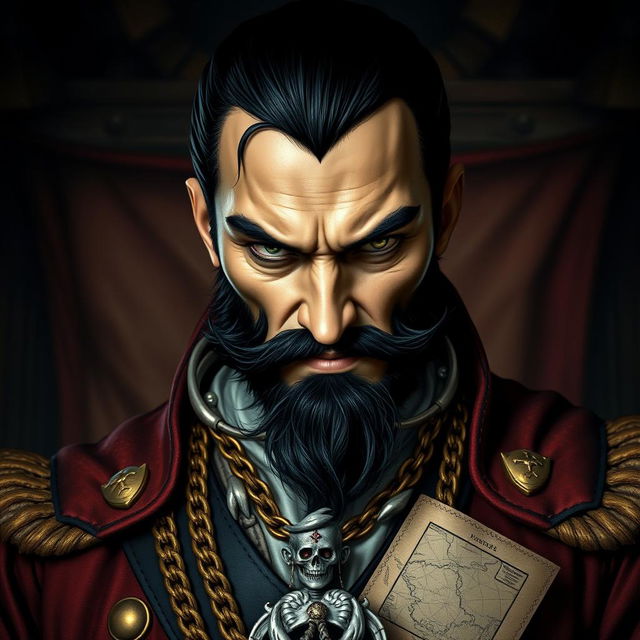 A portrait of an evil male pirate lord with short black hair and a pointy beard, staring intensely without a smile