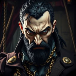 A portrait of an evil male pirate lord with short black hair and a pointy beard, staring intensely without a smile