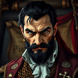 A portrait of an evil male pirate lord with short black hair and a pointy beard, staring intensely without a smile