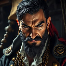 A portrait of an evil male pirate lord with short black hair and a pointy beard, staring intensely without a smile