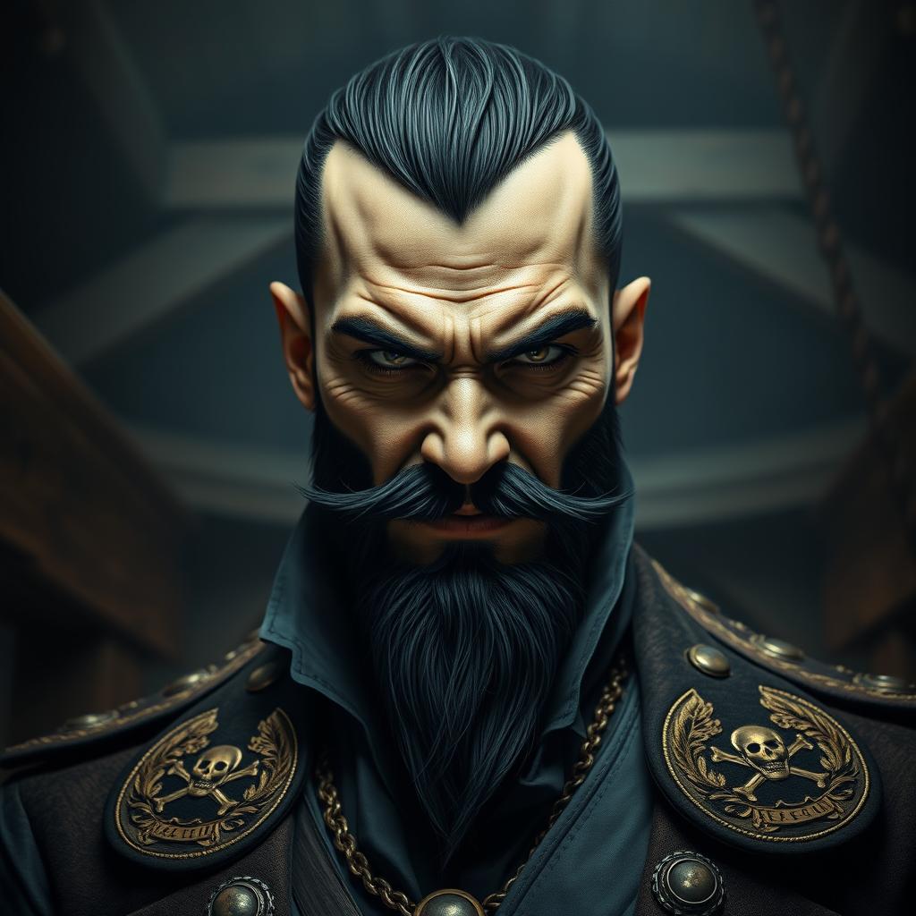 A portrait of an evil male pirate lord with short black hair and a pointy beard, exhibiting an intense and unsmiling expression