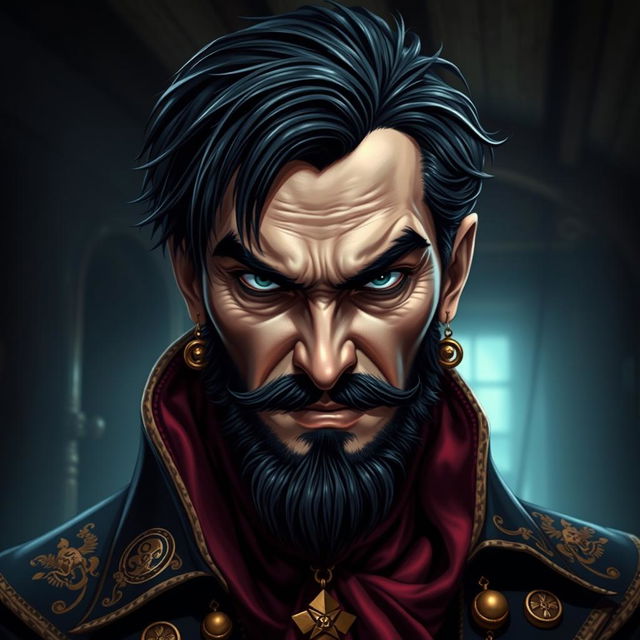 A portrait of an evil male pirate lord with short black hair and a pointy beard, exhibiting an intense and unsmiling expression