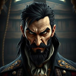 A portrait of an evil male pirate lord with short black hair and a pointy beard, exhibiting an intense and unsmiling expression