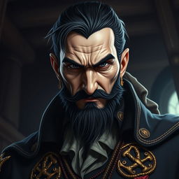 A portrait of an evil male pirate lord with short black hair and a pointy beard, exhibiting an intense and unsmiling expression