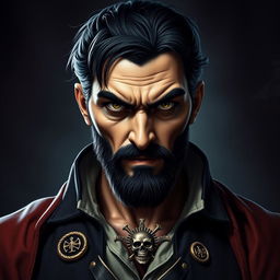 A portrait of an evil male pirate lord with short black hair and a pointy beard, wearing a stern expression without a smile