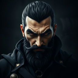 A portrait of an evil male pirate lord with short black hair and a pointy beard, wearing a stern expression without a smile