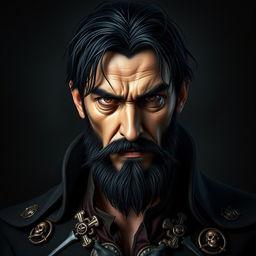 A portrait of an evil male pirate lord with short black hair and a pointy beard, wearing a stern expression without a smile