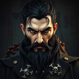 A portrait of an evil male pirate lord with short black hair and a pointy beard, wearing a stern expression without a smile