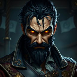 A portrait of an evil male pirate lord with short black hair and a pointy beard, featuring glowing eyes that add a supernatural intensity to his unsmiling expression