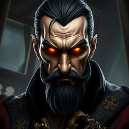 A portrait of an evil male pirate lord with short black hair and a pointy beard, featuring glowing eyes that add a supernatural intensity to his unsmiling expression