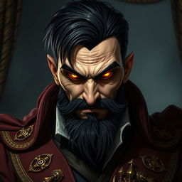 A portrait of an evil male pirate lord with short black hair and a pointy beard, featuring glowing eyes that add a supernatural intensity to his unsmiling expression