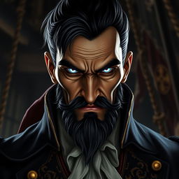 A portrait of an evil male pirate lord with short black hair and a pointy beard, featuring glowing eyes that add a supernatural intensity to his unsmiling expression