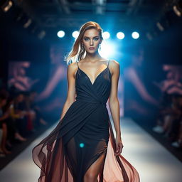 Bar Refaeli inspired fashion model, elegant photoshoot, wearing a flowing designer dress on a catwalk, bright spotlight focus, captivating blue eyes, confident pose, glamorous setting