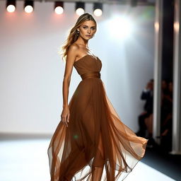 Bar Refaeli inspired fashion model, elegant photoshoot, wearing a flowing designer dress on a catwalk, bright spotlight focus, captivating blue eyes, confident pose, glamorous setting