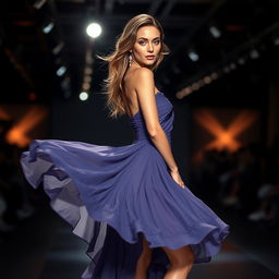 Bar Refaeli inspired fashion model, elegant photoshoot, wearing a flowing designer dress on a catwalk, bright spotlight focus, captivating blue eyes, confident pose, glamorous setting