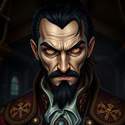 A portrait of an evil male pirate lord with short black hair and a short pointy beard, exhibiting fierce yellow eyes that stand out against his stern, unsmiling expression