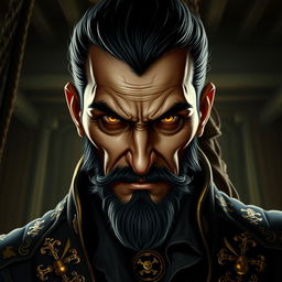 A portrait of an evil male pirate lord with short black hair and a short pointy beard, exhibiting fierce yellow eyes that stand out against his stern, unsmiling expression