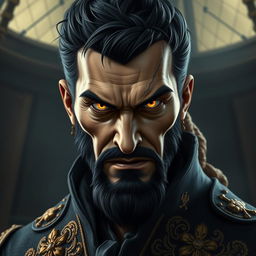 A portrait of an evil male pirate lord with short black hair and a short pointy beard, exhibiting fierce yellow eyes that stand out against his stern, unsmiling expression