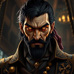 A portrait of an evil male pirate lord with short black hair and a short pointy beard, exhibiting fierce yellow eyes that stand out against his stern, unsmiling expression