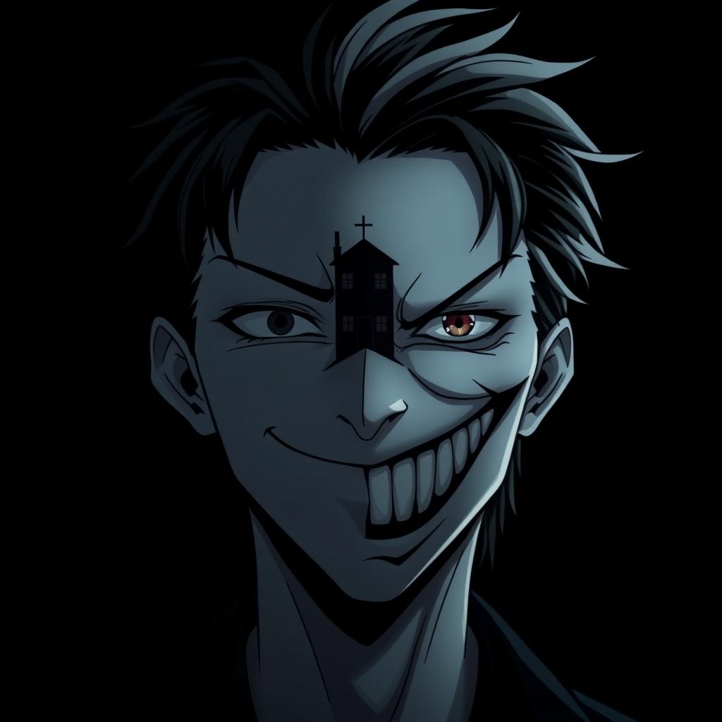 Aizen Raven Ashford with a striking duality in expression—one side of his face shows a cheerful, charming smile, while the other half displays a cold, terrifying psychopathic grin