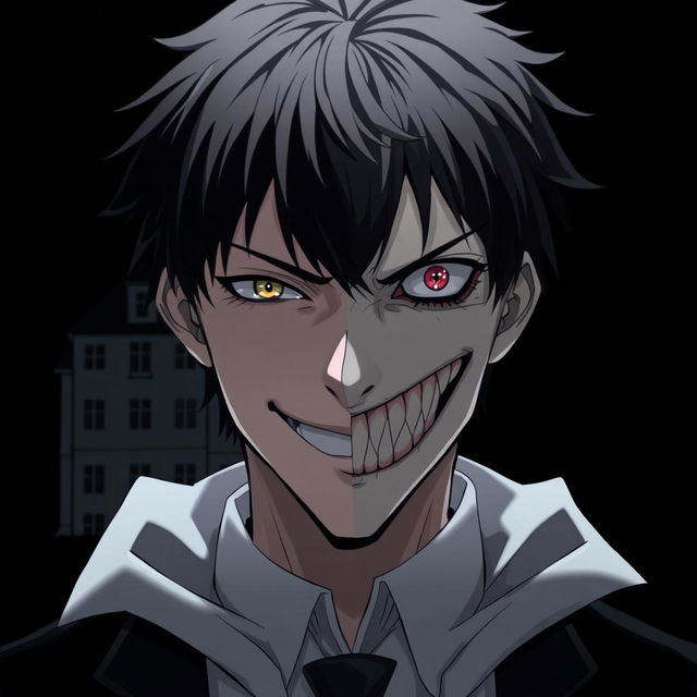 Aizen Raven Ashford with a striking duality in expression—one side of his face shows a cheerful, charming smile, while the other half displays a cold, terrifying psychopathic grin