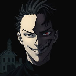 Aizen Raven Ashford with a striking duality in expression—one side of his face shows a cheerful, charming smile, while the other half displays a cold, terrifying psychopathic grin