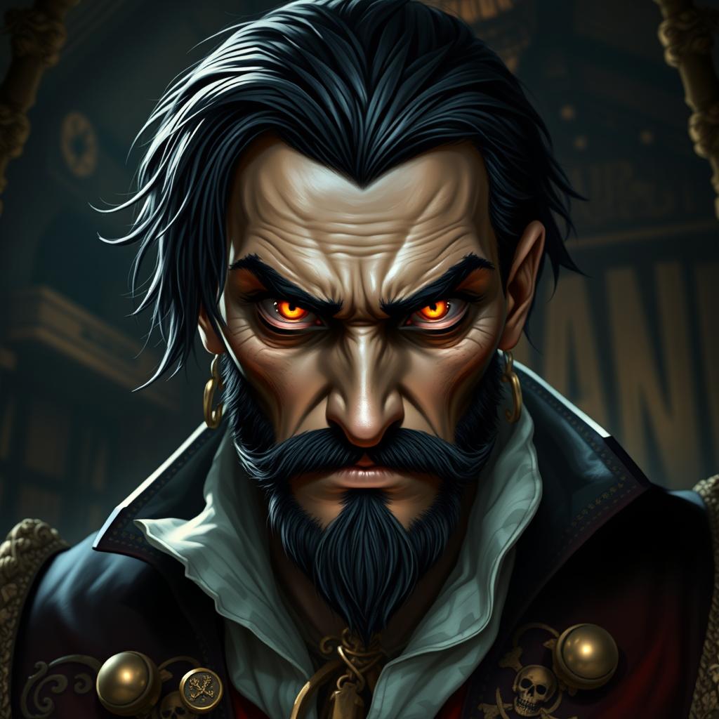 A portrait of an evil male pirate lord with short black hair and a short pointy beard, highlighting his fierce yellow eyes that pierce through his stern expression