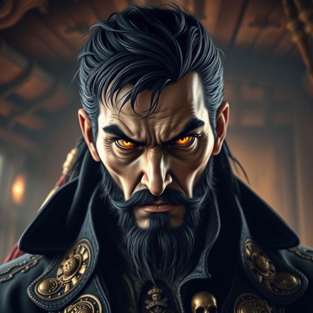 A portrait of an evil male pirate lord with short black hair and a short pointy beard, highlighting his fierce yellow eyes that pierce through his stern expression