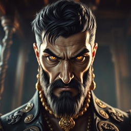 A portrait of an evil male pirate lord with short black hair and a short pointy beard, highlighting his fierce yellow eyes that pierce through his stern expression