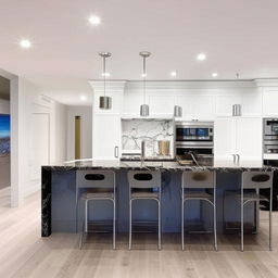 A modern kitchen with glossy white cabinets, black marble countertops, top-of-the-line stainless steel appliances, and a large central island, all under bright white recessed lighting.