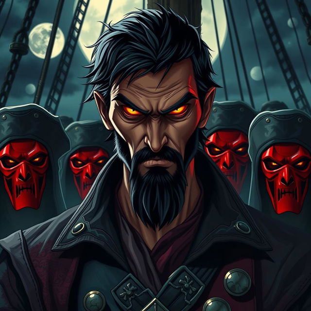 An evil male pirate lord with short black hair and a short pointy beard, standing with fierce yellow eyes that strike with intensity