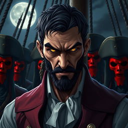 An evil male pirate lord with short black hair and a short pointy beard, standing with fierce yellow eyes that strike with intensity