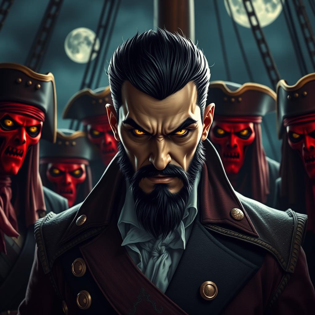 An evil male pirate lord with short black hair and a short pointy beard, standing with striking yellow eyes that command attention