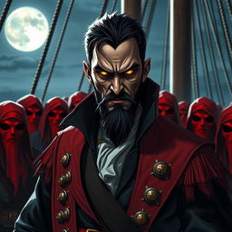 An evil male pirate lord with short black hair and a short pointy beard, standing with striking yellow eyes that command attention