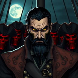 An evil male pirate lord with short black hair and a short pointy beard, standing with striking yellow eyes that command attention