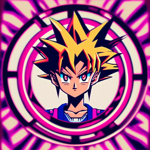 Retro anime profile of Yugi Muto glitching within a cool circle border.