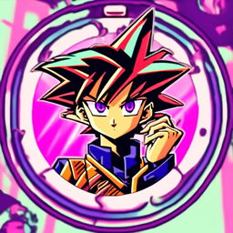 Retro anime profile of Yugi Muto glitching within a cool circle border.