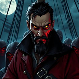 An evil male pirate lord with short black hair and a short pointy beard, standing prominently with intense yellow eyes