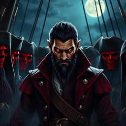 An evil male pirate lord with short black hair and a short pointy beard, standing prominently with intense yellow eyes
