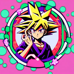 Retro anime profile of Yugi Muto glitching within a cool circle border.