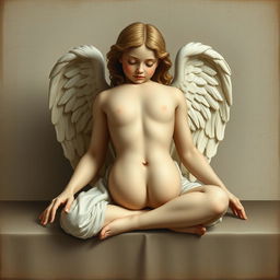 An angel sitting and resting in a renaissance art style, wearing white clothes